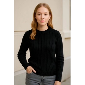 Bisiklet Yuvarlak Yaka Triko Kazak Pamuklu Kalın Fitilli Dokuma, Regular Fit Uzun Kollu Kışlık Model - Siyah