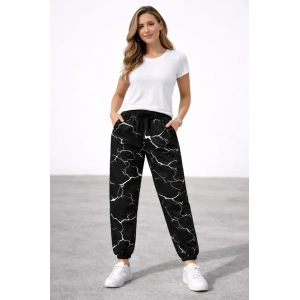 Dijital Baskılı Eşofman Altı Kışlık Üç İplik Şardonlu Kumaş Lastikli Paça, Cepli, Rahat Kalıp - Siyah