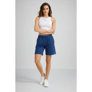Dokuma Otoban Şort Beli Lastikli Bağcıklı, Cepli, Rahat Kesim Günlük Yazlık Şort - İndigo