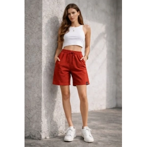 Dokuma Otoban Şort Beli Lastikli Bağcıklı, Cepli, Rahat Kesim Günlük Yazlık Şort - Turuncu