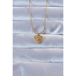 Erb 316L Altın Renk Zirkon Taşlı İşlemeli Göz Detay Kalp Kolye