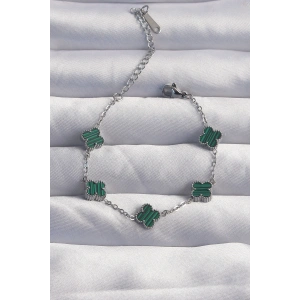 Erb 316L Çelik Baby Boy Gümüş Renk Çizgili Yeşil Mineli Yonca Bileklik