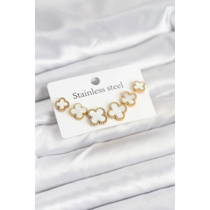 Erb 316L Çelik Gold Beyaz Renk 3 Boy Yonca Küpe Seti