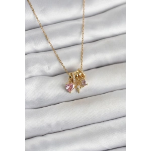 Erb 316L Çelik Gold Pembe Zirkon Taşlı Charmlı Kadın Kolye
