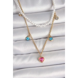 Erb 316L Çelik Gold Renk 2'Li İnci Zincir Model Pembe Taşlı Kalp Figür Nazar Boncuk Detay Kadın Kolye