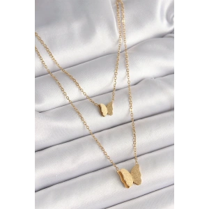 Erb 316L Çelik Gold Renk 2'Li Simli Kelebek Model Kadın Kolye