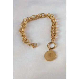 Erb 316L Çelik Gold Renk 2'li Zincir Model Çeyrek Altınlı Kadın Bileklik