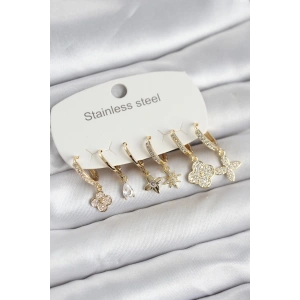 Erb 316L Çelik Gold Renk 6'lı Set Yonca Model Kadın Küpe