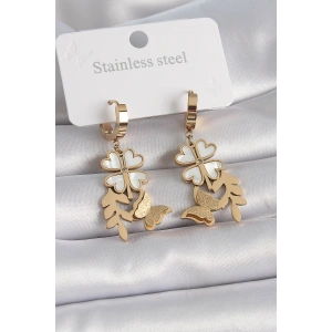 Erb 316L Çelik Gold Renk Beyaz Sedefli Yonca Simli Kelebek Figür Kadın Küpe