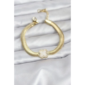 Erb 316L Çelik Gold Renk Beyaz Yonca Model Zirkon Taşlı Yılan Zincirli Kadın Bileklik