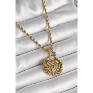 Erb 316L Çelik Gold Renk Burgu Zincir Dorika Yaşam Ağacı Figür Nazar Boncuk Detay Kadın Kolye