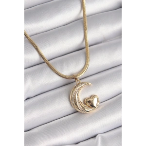Erb 316L Çelik Gold Renk Çelik İtalyan Zincir Zirkon Taşlı Halil Figür Kalp Detay Kadın Kolye