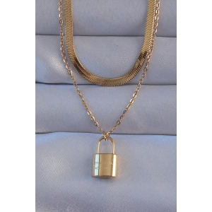 Erb 316L Çelik Gold Renk Çift Zincir Kilit Model Kolye
