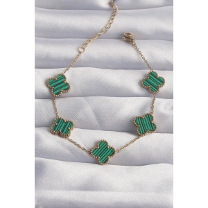 Erb 316L Çelik Gold Renk Çizgili Yeşil Mineli Yonca Bileklik