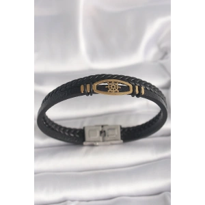 Erb 316L Çelik Gold Renk Gemi Dümen Figür Siyah Renk Çift Sıra Burgu Desenli Deri Kordon Erkek Bileklik