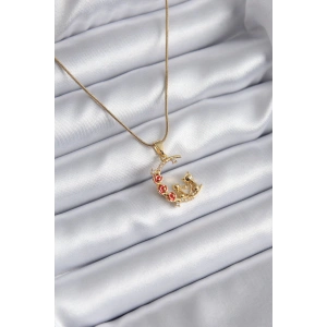 Erb 316L Çelik Gold Renk Hilal Kedi Model Zirkon Taşlı Detay Kadın Kolye