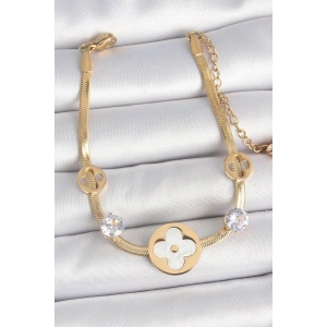 Erb 316L Çelik Gold Renk İtalyan Zincir Beyaz Mineli Yonca Model Zirkon Taş Detaylı Kadın Bileklik