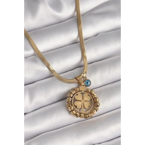 Erb 316L Çelik Gold Renk İtalyan Zincir Dorika Yonca Model Nazar Boncuk Detay Kadın Kolye