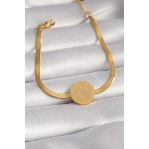 Erb 316L Çelik Gold Renk İtalyan Zincir Model İşlemeli Madalyon Figür Kadın Bileklik