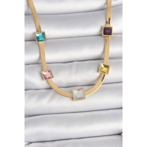 Erb 316L Çelik Gold Renk İtalyan Zincir Model Kare Renkli Zirkon Taşlı Kadın Kolye