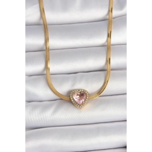 Erb 316L Çelik Gold Renk İtalyan Zincir Pembe Zirkon Taşlı Kalp Model Kadın Kolye