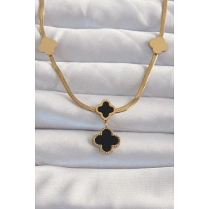Erb 316L Çelik Gold Renk İtalyan Zincirli Mineli Yonca Kolye