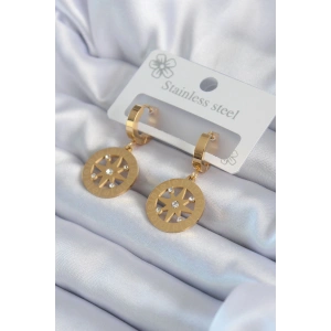 Erb 316L Çelik Gold Renk Kutup Yıldızı Model İşleme Detay Zirkon Taşlı Kadın Küpe