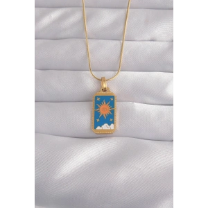 Erb 316L Çelik Gold Renk Mavi Mineli Güneş Model Tarot Kolye