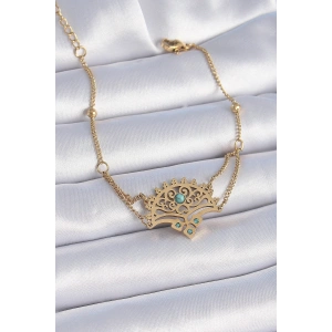 Erb 316L Çelik Gold Renk Mavi Taşlı Etnik Desen Kadın Bileklik