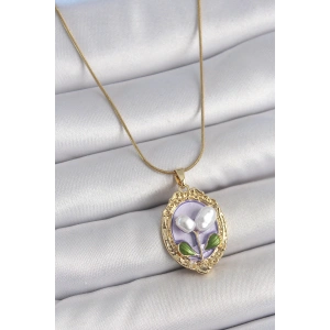 Erb 316L Çelik Gold Renk Mor İncili Çiçek İşlemeli Portre Model Kadın Kolye