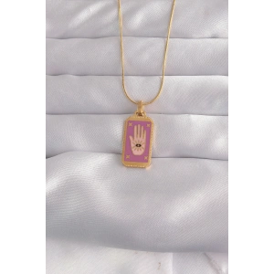 Erb 316L Çelik Gold Renk Mor Mineli El Figür Tarot Kolye