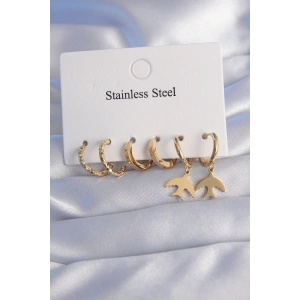 Erb 316L Çelik Gold Renk Oval Tasarım Kuş Model Küpe Seti