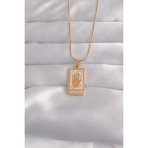 Erb 316L Çelik Gold Renk Pembe Mineli El Figür Tarot Kolye