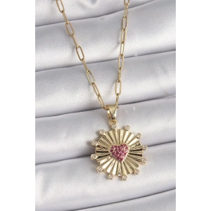 Erb 316L Çelik Gold Renk Pembe Zirkon Taşlı Kalp İşleme Madalyon Model Kadın Kolye