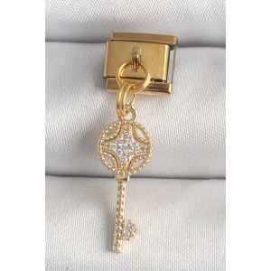 Erb 316L Çelik Gold Renk Sallantı Zirkon Taşlı Anahtar Model Nomination Charm