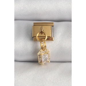 Erb 316L Çelik Gold Renk Sallantı Zirkon Taşlı Kare Model Nomination Charm