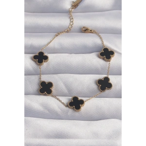 Erb 316L Çelik Gold Renk Siyah Mineli Yonca Bileklik