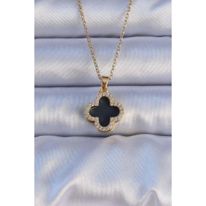 Erb 316L Çelik Gold Renk Siyah Mineli Zirkon Taşlı Yonca Figürlü Kolye