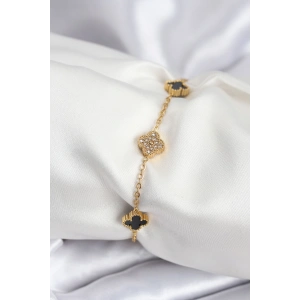 Erb 316L Çelik Gold Renk Siyah Ve Zirkon Taşlı Baby Boy Yonca Kadın Bileklik