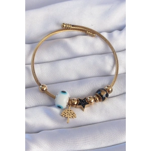 Erb 316L Çelik Gold Renk Siyah Zirkon Taşlı Yıldız Tasarımlı Ağaç Detay Nazarlı Charm Bileklik