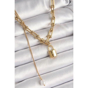 Erb 316L Çelik Gold Renk Tifany Zincir Model Kilit Figür Sallantı İnci Detay Kadın Kolye