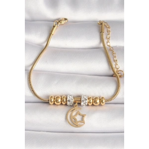 Erb 316L Çelik Gold Renk Tüp Zincir Zirkon Taş Detaylı Sallantı Ay Yıldız Figür Kadın Bileklik