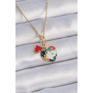 Erb 316L Çelik Gold Renk Yapboz Motif Kalp Figür Charm Model Kadın Kolye