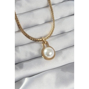Erb 316L Çelik Gold Renk Yassı Zincir İnci Taşlı Kolye