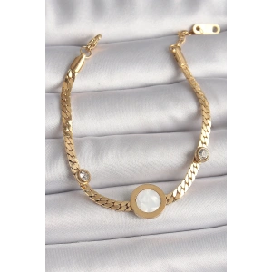 Erb 316L Çelik Gold Renk Yassı Zincir Model Zirkon Taş Detaylı Beyaz Mineli Madalyon Model Kadın Bileklik