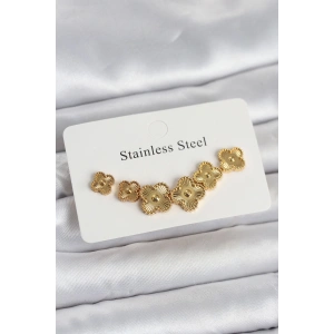 Erb 316L Çelik Gold Renk Yonca Küpe Seti