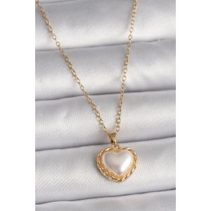 Erb 316L Çelik Gold Renk Zincir 3D İnci Kalp Model Kadın Kolye