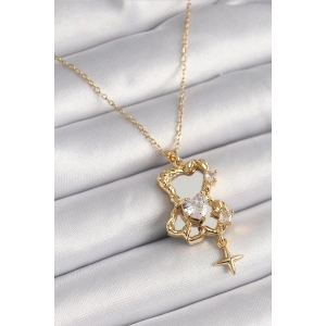 Erb 316L Çelik Gold Renk Zincir Ayna Ayıcık Model Zirkon Taşlı Kalp Model Kadın Kolye
