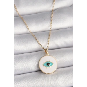 Erb 316L Çelik Gold Renk Zincir Beyaz Mineli Turkuaz Göz İşleme Model Kadın Kolye