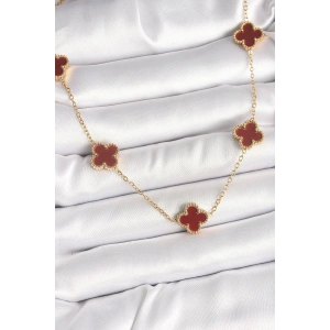 Erb 316L Çelik Gold Renk Zincir Bordo Yonca Model Kadın Kolye